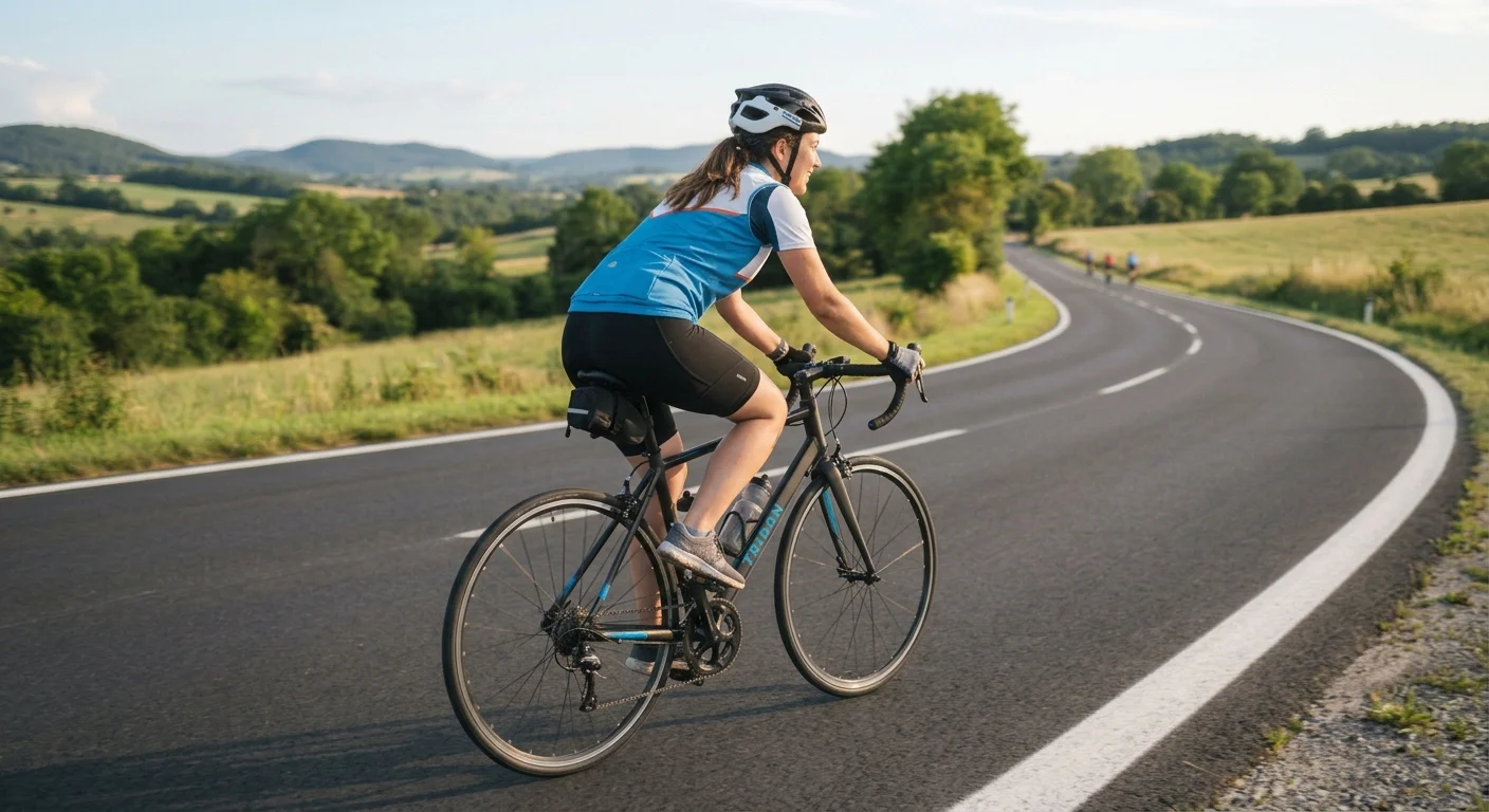 ciclista iniciante pedalando uma bicicleta de estrada em asfalto liso
