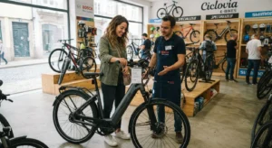 Mulher escolhendo uma Bike elétrica