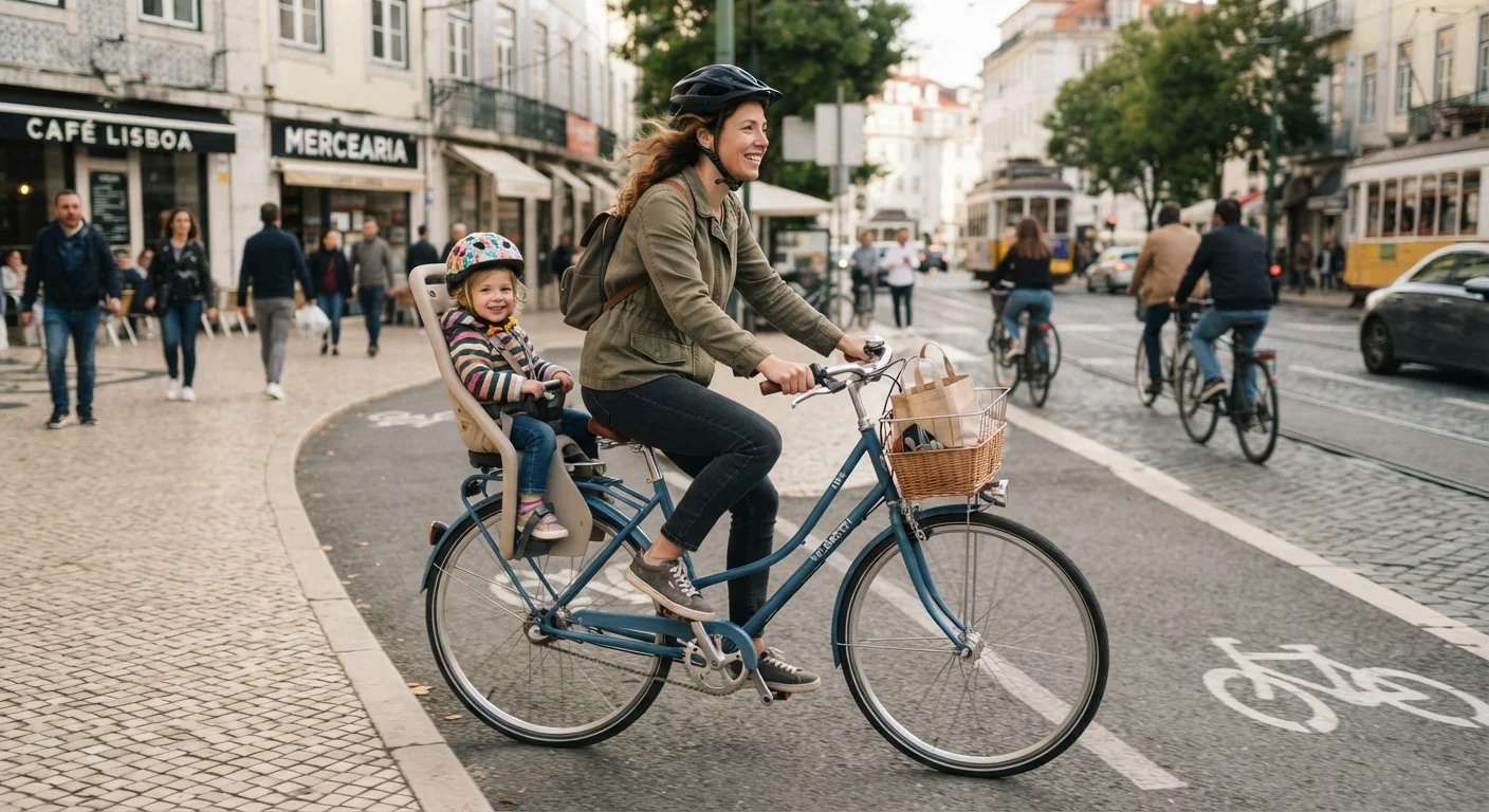 Mãe transportando o filho em uma cadeirinha na bicicleta